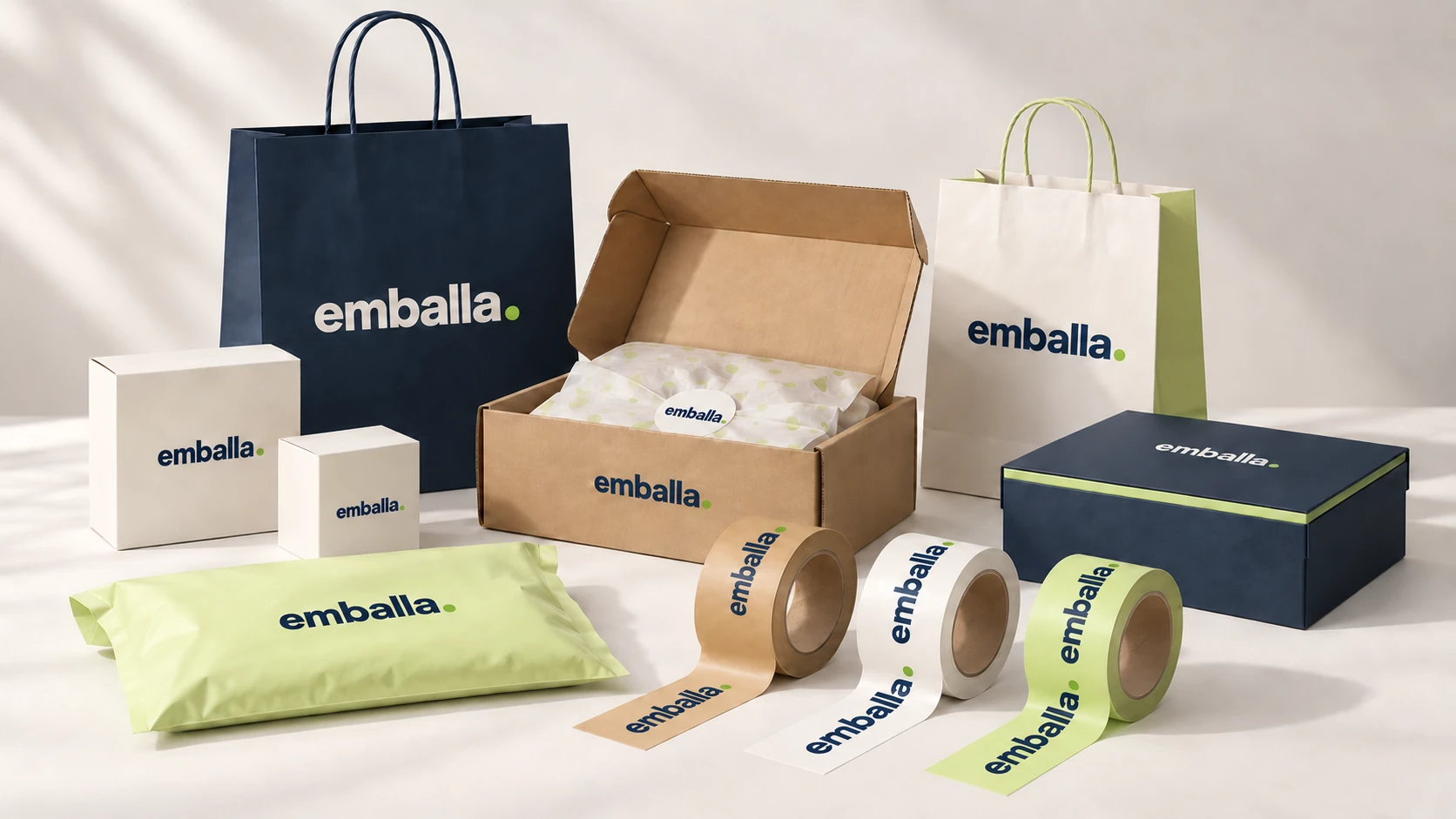 Emballas förpackningskoncept med papperskassar, lådor, e-handelspåse och tryckt packtejp