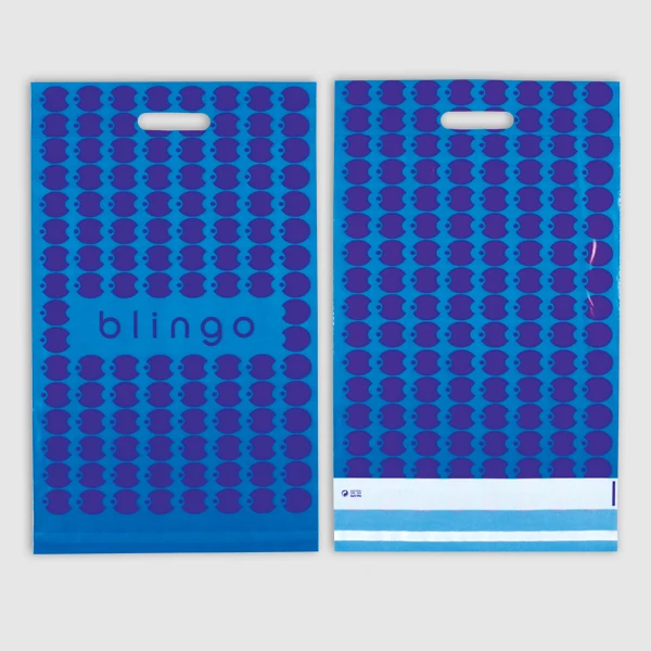 Two blue mailing bags with a purple pattern, die-cut handle and closure strips.