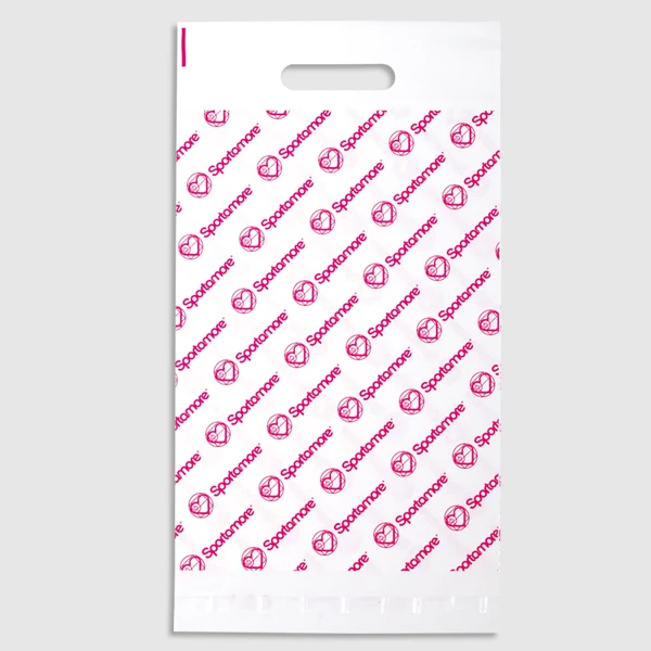 White mailing bag with a die-cut handle, closure flap and pink pattern printing.