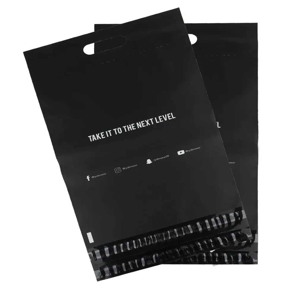 Black plastic mailing bags with a die-cut handle and white print.