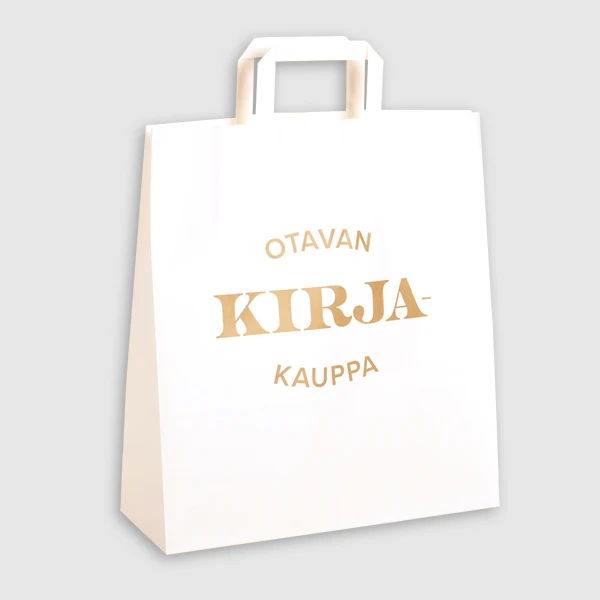 Vit papperskasse med platta vita handtag och guldfärgat tryck.
