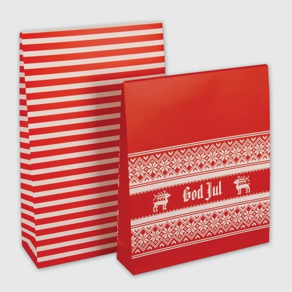 Two red paper bags with sealing flaps, one striped and one with a Christmas design.