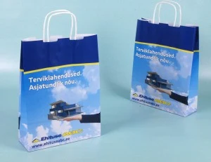 Blue paper bags with twisted handles and Ehituse ABC printing